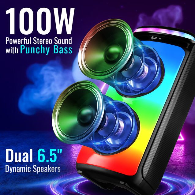 pTron Fusion Party Pro 100W Karaoke Bluetooth Party Speaker with 3M Wired Microphone & Wireless Microphone, Powerful Sound, Echo Control, BT5.0/USB/SD Card/AUX Playback & Remote Control (Satin Black)