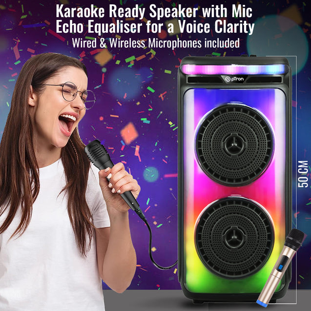 pTron Fusion Party Pro 100W Karaoke Bluetooth Party Speaker with 3M Wired Microphone & Wireless Microphone, Powerful Sound, Echo Control, BT5.0/USB/SD Card/AUX Playback & Remote Control (Satin Black)
