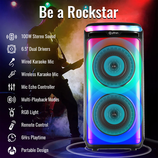 pTron Fusion Party Pro 100W Karaoke Bluetooth Party Speaker with 3M Wired Microphone & Wireless Microphone, Powerful Sound, Echo Control, BT5.0/USB/SD Card/AUX Playback & Remote Control (Satin Black)