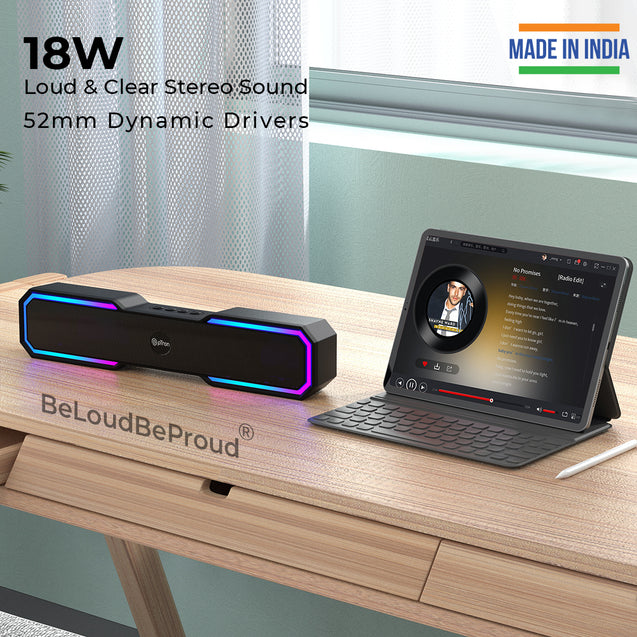 pTron Fusion RB 18W Bluetooth Soundbar Speaker with Pristine Sound, Vibrant RGB Lights, Mini Soundbar for Phone/TV/Laptop/Tablets/Projectors, BT5.3/FM Radio/Aux/TF Card/USB Playback (Royal Black)