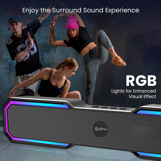 pTron Fusion RB 18W Bluetooth Soundbar Speaker with Pristine Sound, Vibrant RGB Lights, Mini Soundbar for Phone/TV/Laptop/Tablets/Projectors, BT5.3/FM Radio/Aux/TF Card/USB Playback (Royal Black)