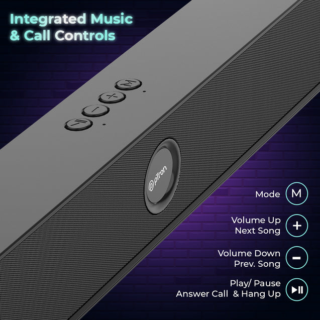 pTron Musicbot Evo 12W Bluetooth Soundbar Speaker with Pristine Sound, 10Hrs Playback Time, Mini Soundbar for Phone/TV/Laptop/Tablets/Projectors, Multiple Play Modes BT5.0/Aux/TF Card/USB (Satin Black)