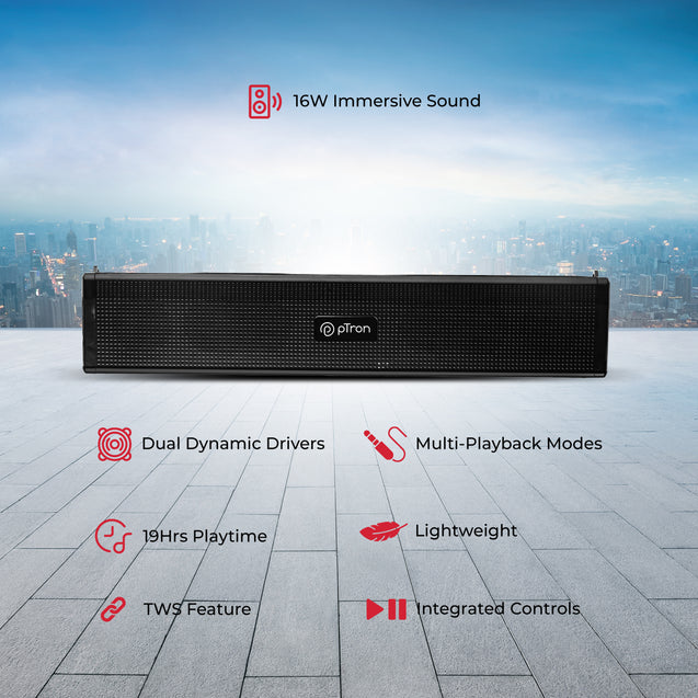 pTron Fusion Wave 16W Bluetooth Soundbar Speaker, up to 19Hrs Playback Time, Soundbar for Phone/TV/Laptop/Tablets/Projectors, BT5.0/Aux/TF Card/USB Drive Playback & TWS Function (Coal Black)