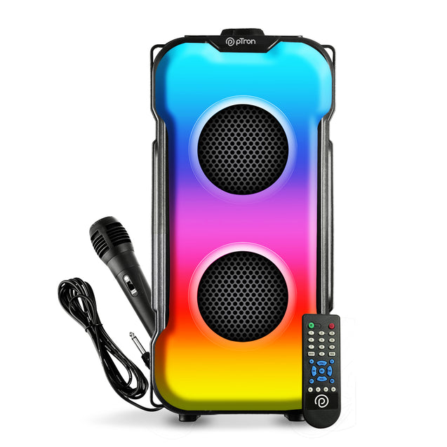 pTron Fusion Party V3 40W Karaoke Bluetooth Party Speaker with Punchy Sound, 3 mtr Wired Mic, Dual Drivers, RGB Lights, BT5.0/USB/SD Card/Aux Playback, Auto TWS Function & Remote Control (Jet Black)
