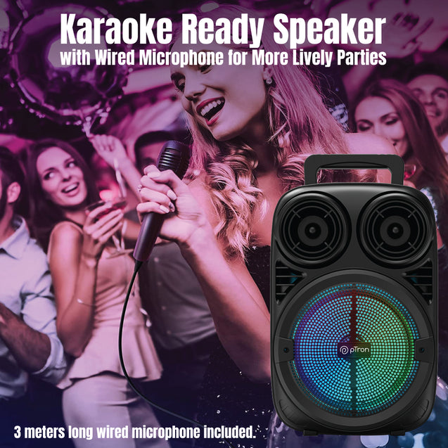 pTron Fusion Stage 20W Bluetooth Party Speaker with Wired Karaoke Mic, Pristine Sound, 20Hrs Playtime, LED Lights, Multiple Play Modes BT5.2/AUX/USB/Micro SD Card & Integrated Controls (Coal Black)