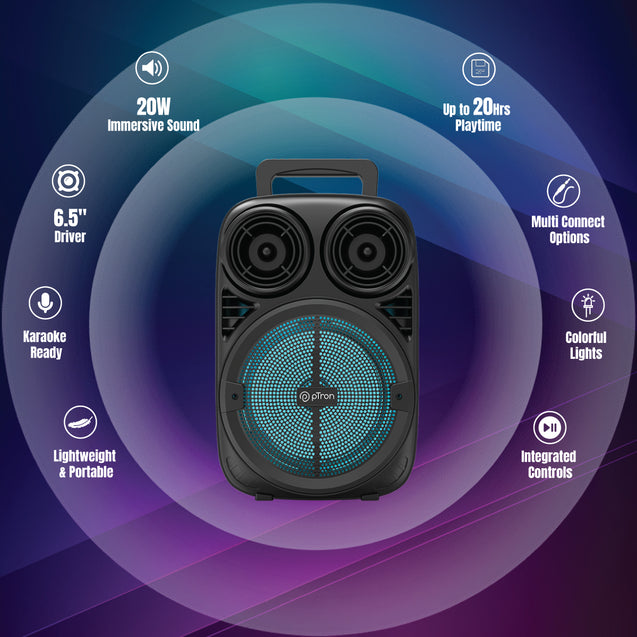 pTron Fusion Stage 20W Bluetooth Party Speaker with Wired Karaoke Mic, Pristine Sound, 20Hrs Playtime, LED Lights, Multiple Play Modes BT5.2/AUX/USB/Micro SD Card & Integrated Controls (Coal Black)