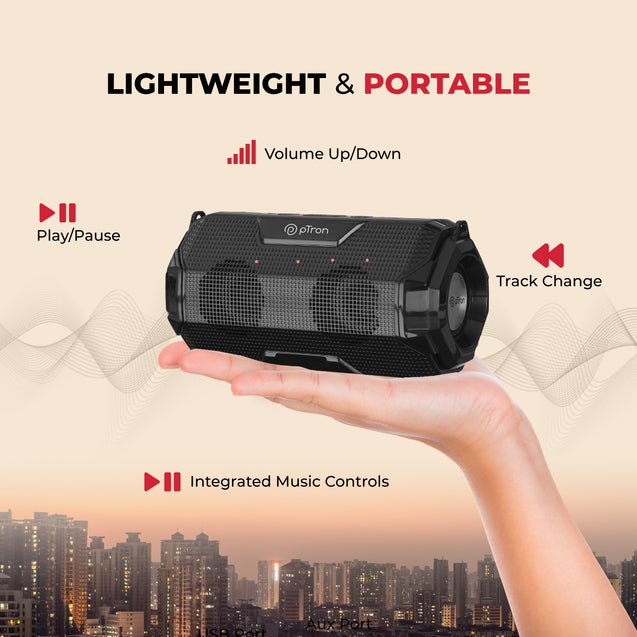 pTron Fusion Rock V2 16W Portable Bluetooth Speaker with Punchy Sound, 6Hrs Playtime, Speaker for Phone/Laptop/Tablets/Projectors, BT5.0/Aux/TF Card/USB Drive Playback & TWS Function (Black)