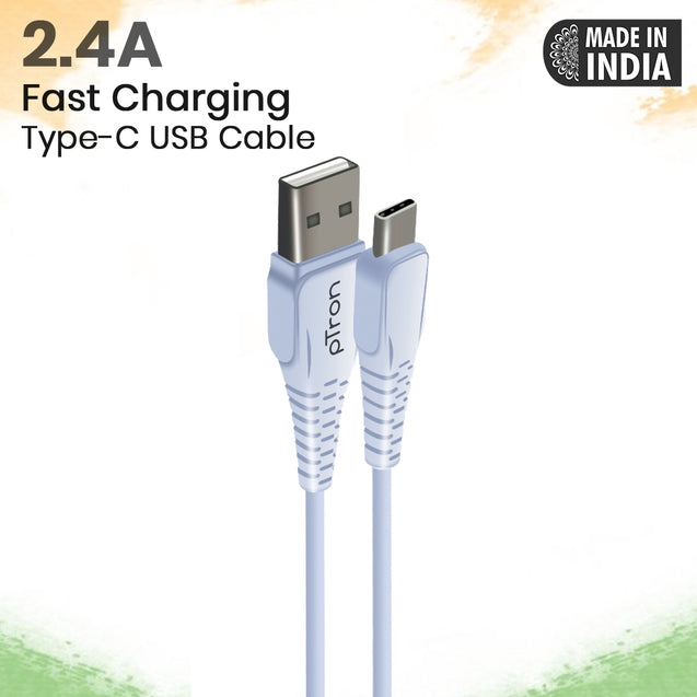 pTron USB-A to Type-C 2.4A Fast Charging Cable compatible with Android Phones/Tablets, 480mbps Data Transfer Speed, Made in India, Solero T241 Tangle-free Type-C USB Cable (Round, 1M, Snow White)