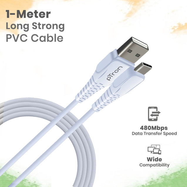 pTron USB-A to Type-C 2.4A Fast Charging Cable compatible with Android Phones/Tablets, 480mbps Data Transfer Speed, Made in India, Solero T241 Tangle-free Type-C USB Cable (Round, 1M, Snow White)