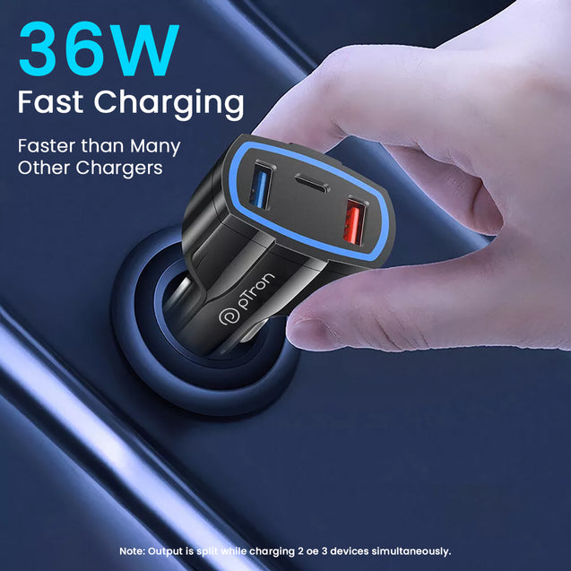 pTron Bullet Pro 36W Type-C/PD 3 Port Fast Car Charger Adapter, Compatible with All Smartphones, Tablets & Other USB Powered Devices (Pearl Black)