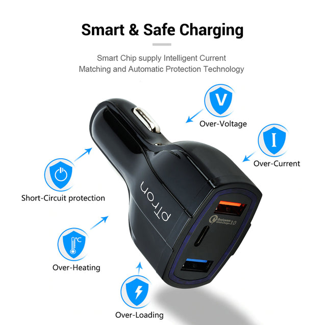 pTron Bullet Pro 36W Type-C/PD 3 Port Fast Car Charger Adapter, Compatible with All Smartphones, Tablets & Other USB Powered Devices (Pearl Black)