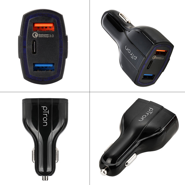pTron Bullet Pro 36W Type-C/PD 3 Port Fast Car Charger Adapter, Compatible with All Smartphones, Tablets & Other USB Powered Devices (Pearl Black)