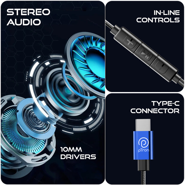 pTron Boom Play In-Ear Type C Wired Headphones with Mic, 10mm Drivers for Pristine Audio, 1.2m Tangle-free Cable, In-line Controls, Snug-fit Metal Buds & Wide Compatibility (Bold Blue)