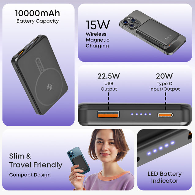 pTron MagSafe Magnetic Wireless 10000mAh Fast Charging Slim Power Bank, Strong Magnet, 22.5W Output, Compatible with iPhone 12, 13, 14, 15, 16, Android & Other Qi Enabled Devices, Dynamo Flash (Black)