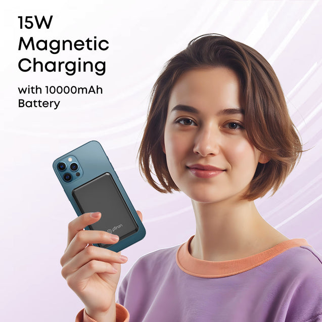 pTron MagSafe Magnetic Wireless 10000mAh Fast Charging Slim Power Bank, Strong Magnet, 22.5W Output, Compatible with iPhone 12, 13, 14, 15, 16, Android & Other Qi Enabled Devices, Dynamo Flash (Black)
