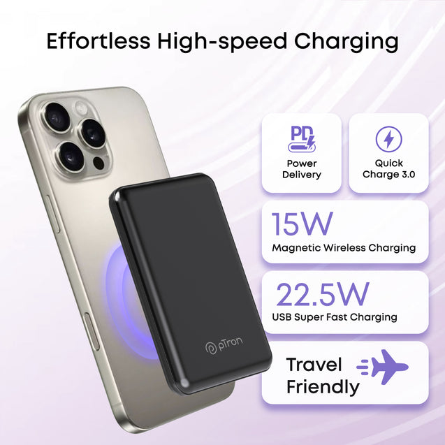 pTron MagSafe Magnetic Wireless 10000mAh Fast Charging Slim Power Bank, Strong Magnet, 22.5W Output, Compatible with iPhone 12, 13, 14, 15, 16, Android & Other Qi Enabled Devices, Dynamo Flash (Black)