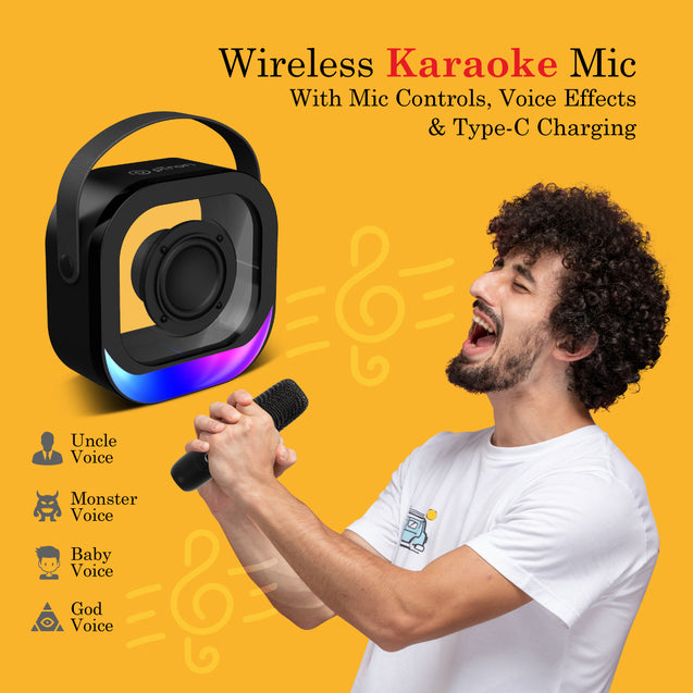 pTron Fusion Moment V2 10W Mini Bluetooth Speaker with Wireless Karaoke Mic, Pristine Sound, RGB Lights, Funny Voice Change Effects, 6Hrs Playtime, Bluetooth V5.3 & Type-C Fast Charging Port (Black)