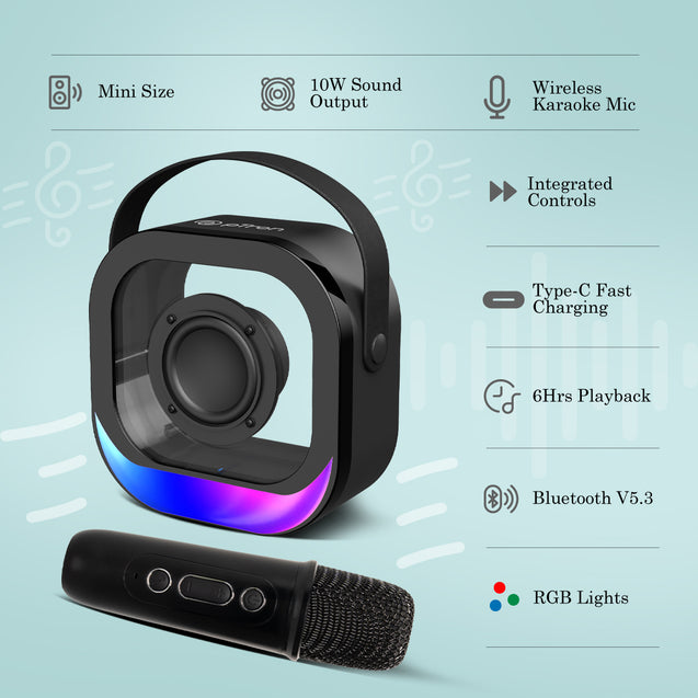 pTron Fusion Moment V2 10W Mini Bluetooth Speaker with Wireless Karaoke Mic, Pristine Sound, RGB Lights, Funny Voice Change Effects, 6Hrs Playtime, Bluetooth V5.3 & Type-C Fast Charging Port (Black)