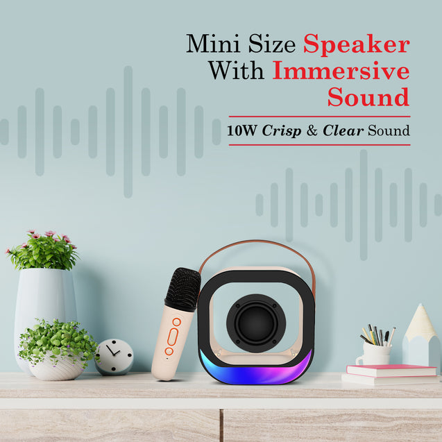 pTron Fusion Moment V2 10W Mini Bluetooth Speaker with Wireless Karaoke Mic, Pristine Sound, RGB Lights, Funny Voice Change Effects, 6Hrs Playtime, Bluetooth V5.3 & Type-C Fast Charging Port (Beige)