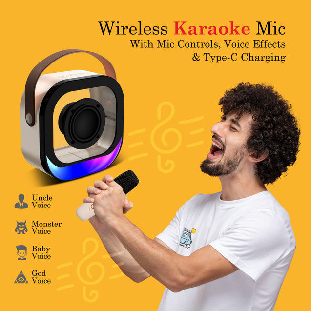 pTron Fusion Moment V2 10W Mini Bluetooth Speaker with Wireless Karaoke Mic, Pristine Sound, RGB Lights, Funny Voice Change Effects, 6Hrs Playtime, Bluetooth V5.3 & Type-C Fast Charging Port (Beige)