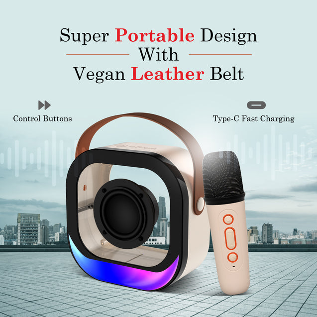 pTron Fusion Moment V2 10W Mini Bluetooth Speaker with Wireless Karaoke Mic, Pristine Sound, RGB Lights, Funny Voice Change Effects, 6Hrs Playtime, Bluetooth V5.3 & Type-C Fast Charging Port (Beige)