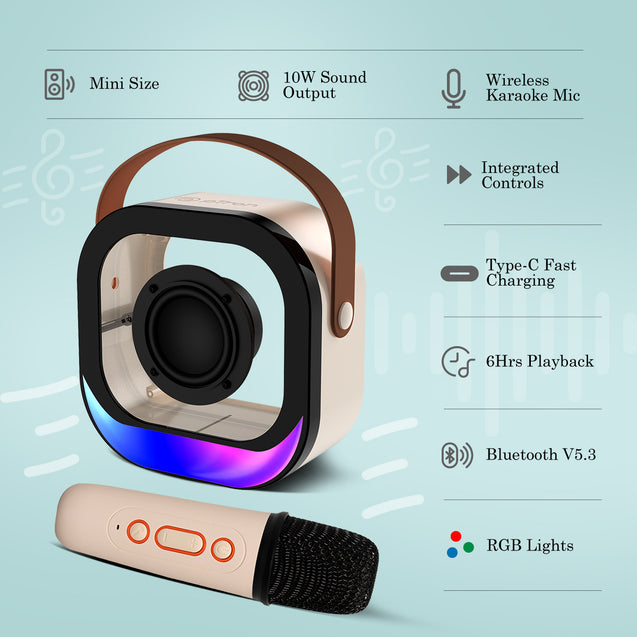 pTron Fusion Moment V2 10W Mini Bluetooth Speaker with Wireless Karaoke Mic, Pristine Sound, RGB Lights, Funny Voice Change Effects, 6Hrs Playtime, Bluetooth V5.3 & Type-C Fast Charging Port (Beige)
