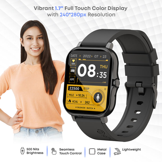 pTron Pulsefit P261 Smartwatch with BT Calling, 1.7" Full Touch Display, 500 NITs Screen, Heart Rate Monitor, SpO2, 100+ Watch Faces, Notifications, 5 Days Runtime, Sports Mode & IP68 Waterproof (Black)