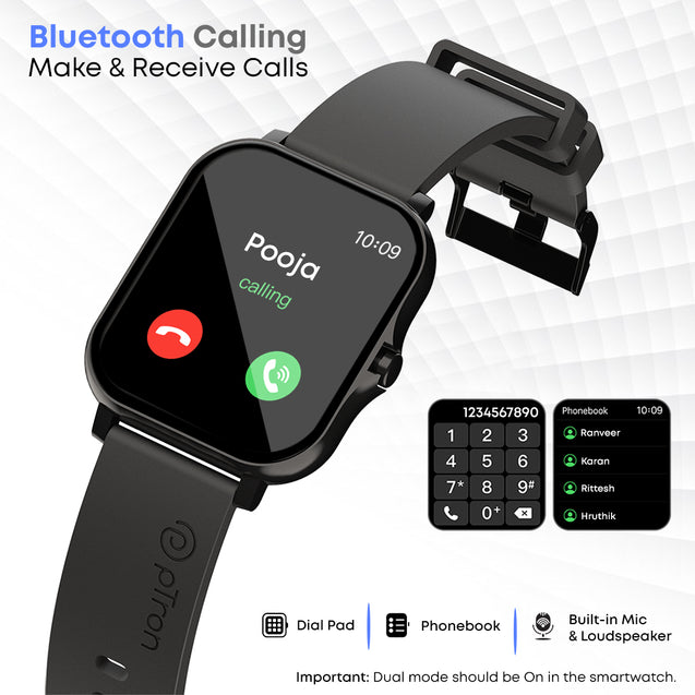 pTron Pulsefit P261 Smartwatch with BT Calling, 1.7" Full Touch Display, 500 NITs Screen, Heart Rate Monitor, SpO2, 100+ Watch Faces, Notifications, 5 Days Runtime, Sports Mode & IP68 Waterproof (Black)