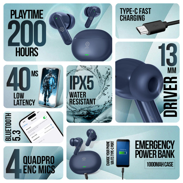 pTron Zenbuds Evo X1 Max in-Ear TWS Earbuds, 200 Hours Playtime, Emergency Power Bank, Quad Mic & TruTalk ENC for Calls, 13mm Drivers, 40ms Low Latency, BT v5.3, Type-C Fast Charging (Navy Blue)