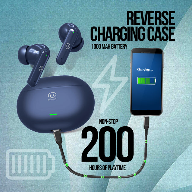 pTron Zenbuds Evo X1 Max in-Ear TWS Earbuds, 200 Hours Playtime, Emergency Power Bank, Quad Mic & TruTalk ENC for Calls, 13mm Drivers, 40ms Low Latency, BT v5.3, Type-C Fast Charging (Navy Blue)