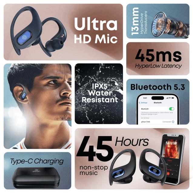 pTron Bassbuds Sports In-Ear TWS Earbuds with Dual Ultra HD Mic & TruTalk AI-ENC, 13mm HyperDrive Transducers, 45H Playtime, 45ms HyperLow-Latency, BT v5.3, Type-C Charging & IPX5 (Coal Black)