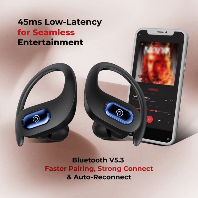 pTron Bassbuds Sports In-Ear TWS Earbuds with Dual Ultra HD Mic & TruTalk AI-ENC, 13mm HyperDrive Transducers, 45H Playtime, 45ms HyperLow-Latency, BT v5.3, Type-C Charging & IPX5 (Coal Black)