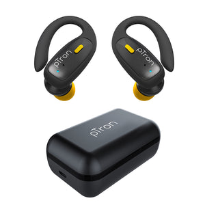 pTron Bassbuds Sports V2 TWS Earbuds, Built-in HD Mic for Clear Calls, 32Hrs Playtime, BT v5.1 Headphones with Deep Bass, Ergonomic Hook Design & IPX4 Water/Sweat Resistant (Jet Black & Yellow)