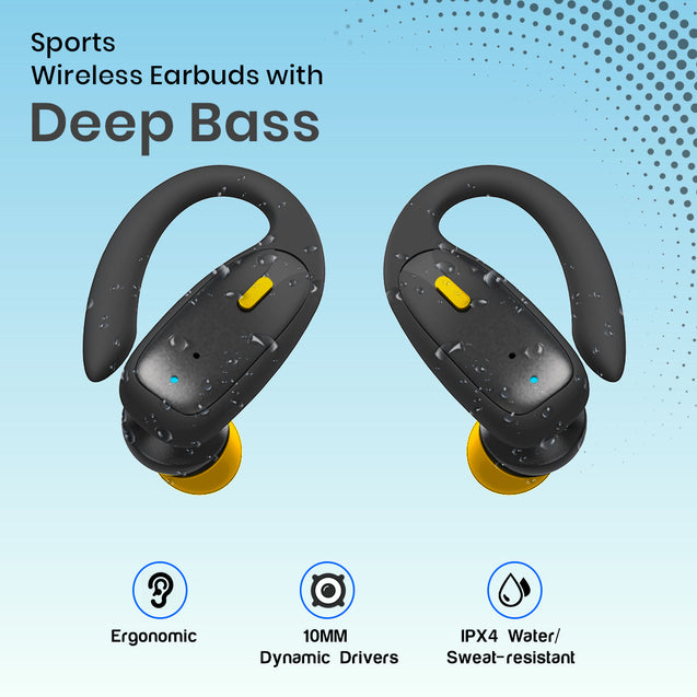 pTron Bassbuds Sports V2 TWS Earbuds, Built-in HD Mic for Clear Calls, 32Hrs Playtime, BT v5.1 Headphones with Deep Bass, Ergonomic Hook Design & IPX4 Water/Sweat Resistant (Jet Black & Yellow)
