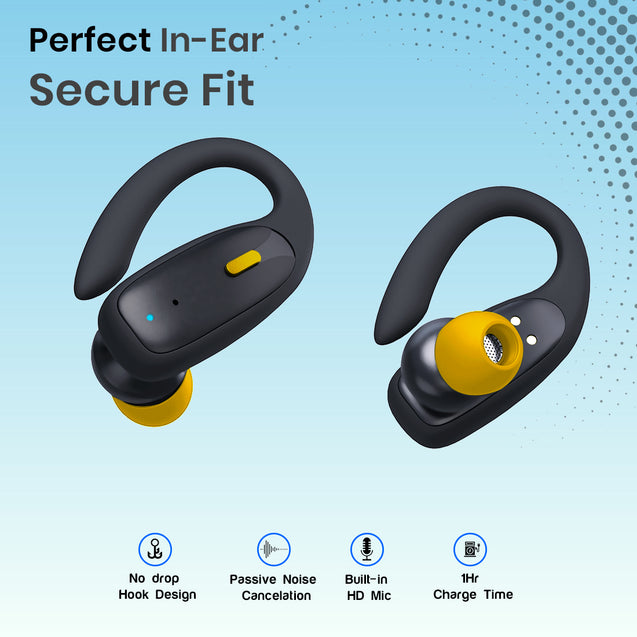 pTron Bassbuds Sports V2 TWS Earbuds, Built-in HD Mic for Clear Calls, 32Hrs Playtime, BT v5.1 Headphones with Deep Bass, Ergonomic Hook Design & IPX4 Water/Sweat Resistant (Jet Black & Yellow)