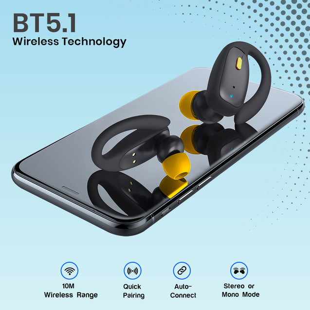 pTron Bassbuds Sports V2 TWS Earbuds, Built-in HD Mic for Clear Calls, 32Hrs Playtime, BT v5.1 Headphones with Deep Bass, Ergonomic Hook Design & IPX4 Water/Sweat Resistant (Jet Black & Yellow)