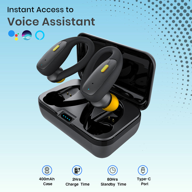 pTron Bassbuds Sports V2 TWS Earbuds, Built-in HD Mic for Clear Calls, 32Hrs Playtime, BT v5.1 Headphones with Deep Bass, Ergonomic Hook Design & IPX4 Water/Sweat Resistant (Jet Black & Yellow)