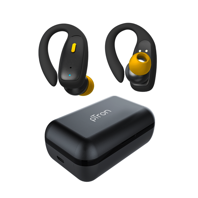 pTron Bassbuds Sports V2 TWS Earbuds, Built-in HD Mic for Clear Calls, 32Hrs Playtime, BT v5.1 Headphones with Deep Bass, Ergonomic Hook Design & IPX4 Water/Sweat Resistant (Jet Black & Yellow)