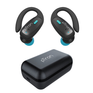 pTron Bassbuds Sports V2 TWS Earbuds, Built-in HD Mic for Clear Calls, 32Hrs Playtime, BT v5.1 Headphones with Deep Bass, Ergonomic Hook Design & IPX4 Water/Sweat Resistant (Jet Black & Blue)