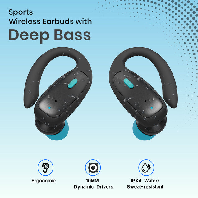 pTron Bassbuds Sports V2 TWS Earbuds, Built-in HD Mic for Clear Calls, 32Hrs Playtime, BT v5.1 Headphones with Deep Bass, Ergonomic Hook Design & IPX4 Water/Sweat Resistant (Jet Black & Blue)