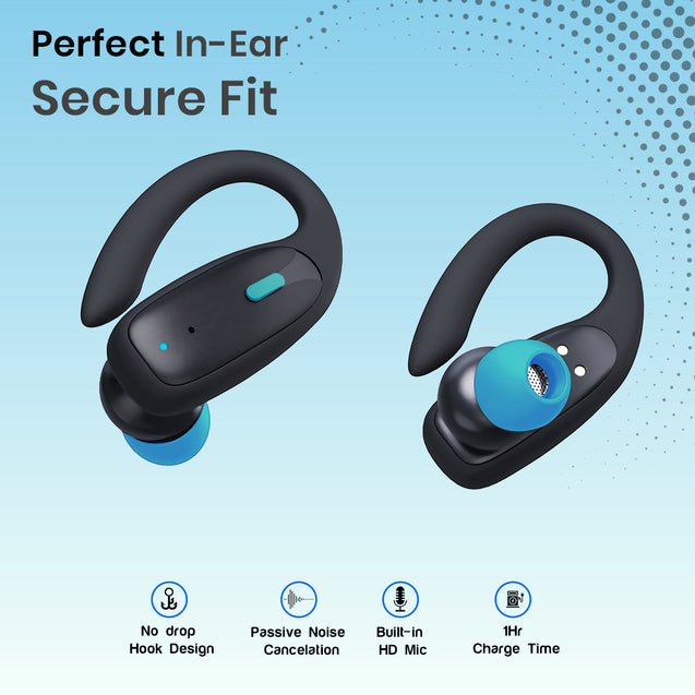 pTron Bassbuds Sports V2 TWS Earbuds, Built-in HD Mic for Clear Calls, 32Hrs Playtime, BT v5.1 Headphones with Deep Bass, Ergonomic Hook Design & IPX4 Water/Sweat Resistant (Jet Black & Blue)
