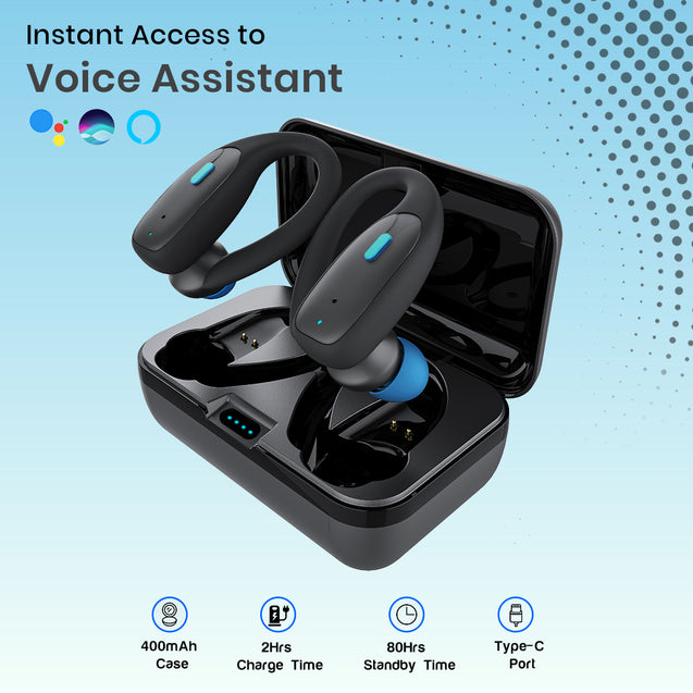 pTron Bassbuds Sports V2 TWS Earbuds, Built-in HD Mic for Clear Calls, 32Hrs Playtime, BT v5.1 Headphones with Deep Bass, Ergonomic Hook Design & IPX4 Water/Sweat Resistant (Jet Black & Blue)