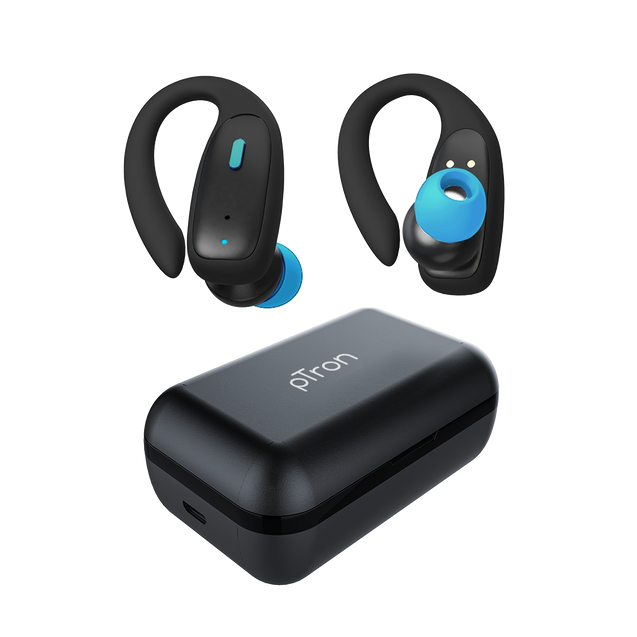 pTron Bassbuds Sports V2 TWS Earbuds, Built-in HD Mic for Clear Calls, 32Hrs Playtime, BT v5.1 Headphones with Deep Bass, Ergonomic Hook Design & IPX4 Water/Sweat Resistant (Jet Black & Blue)