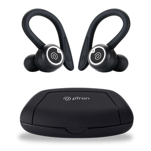 pTron Bassbuds Sports ENC TWS Earbuds, Built-in HD Mic for Stereo Calls, Earhooks, 48H Playtime, Snug-fit In-Ear Design, BT v5.3, Immersive Sound, Movie/Music Mode, IPX4 & Type-C Charging (Jet Black)