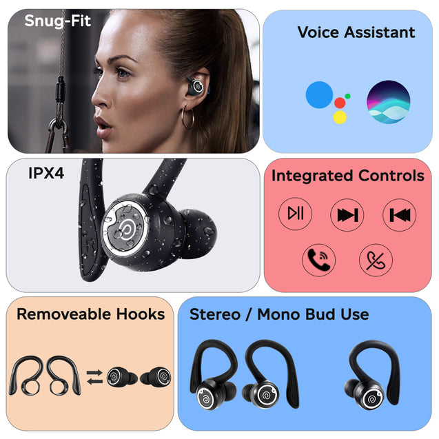 pTron Bassbuds Sports ENC TWS Earbuds, Built-in HD Mic for Stereo Calls, Earhooks, 48H Playtime, Snug-fit In-Ear Design, BT v5.3, Immersive Sound, Movie/Music Mode, IPX4 & Type-C Charging (Jet Black)