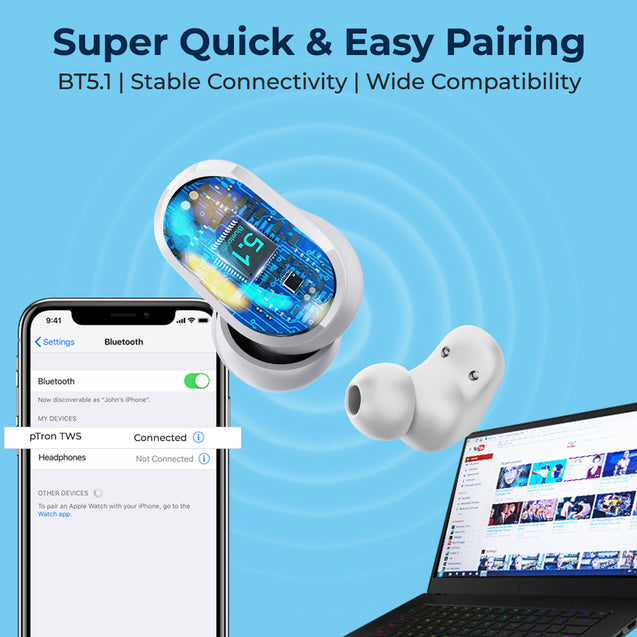 pTron Basspods P11 In-Ear TWS Earbuds with Built-in Mic, Mini Size, 24hrs Playtime, Pristine Sound, Movie/Music Modes, Bluetooth V5.1,Voice Assistant, Touch Control, Type-C Charging & IPX4 (Snow White)