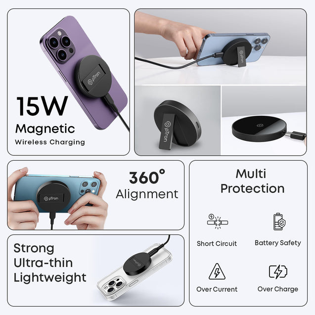 pTron Dynamo Ring V2 15W Magnetic Wireless Charger, Compatible with iPhone 15/14/13/12 Series, Samsung & Other Qi2 Enabled Devices, Compact & Sleek, 3A Type-C to Type-C 1m Cable Included (Black)