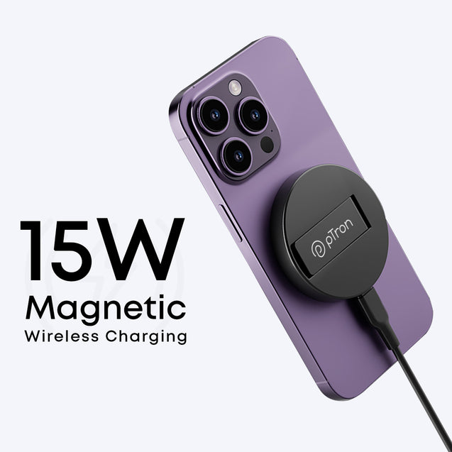 pTron Dynamo Ring V2 15W Magnetic Wireless Charger, Compatible with iPhone 15/14/13/12 Series, Samsung & Other Qi2 Enabled Devices, Compact & Sleek, 3A Type-C to Type-C 1m Cable Included (Black)