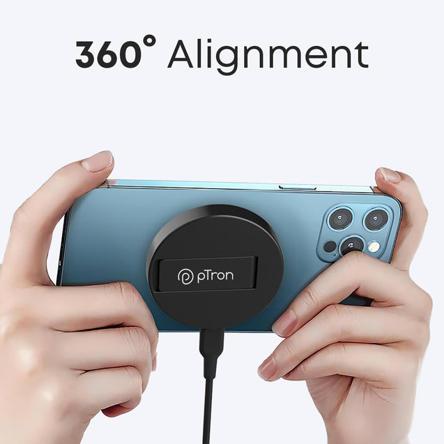 pTron Dynamo Ring V2 15W Magnetic Wireless Charger, Compatible with iPhone 15/14/13/12 Series, Samsung & Other Qi2 Enabled Devices, Compact & Sleek, 3A Type-C to Type-C 1m Cable Included (Black)