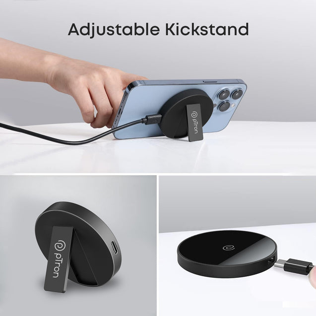 pTron Dynamo Ring V2 15W Magnetic Wireless Charger, Compatible with iPhone 15/14/13/12 Series, Samsung & Other Qi2 Enabled Devices, Compact & Sleek, 3A Type-C to Type-C 1m Cable Included (Black)